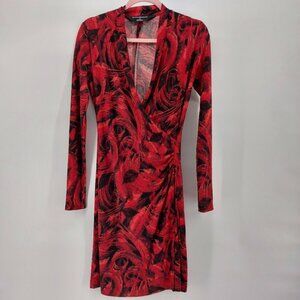 Norma Kamali red and black featherprint stretch wrap dress